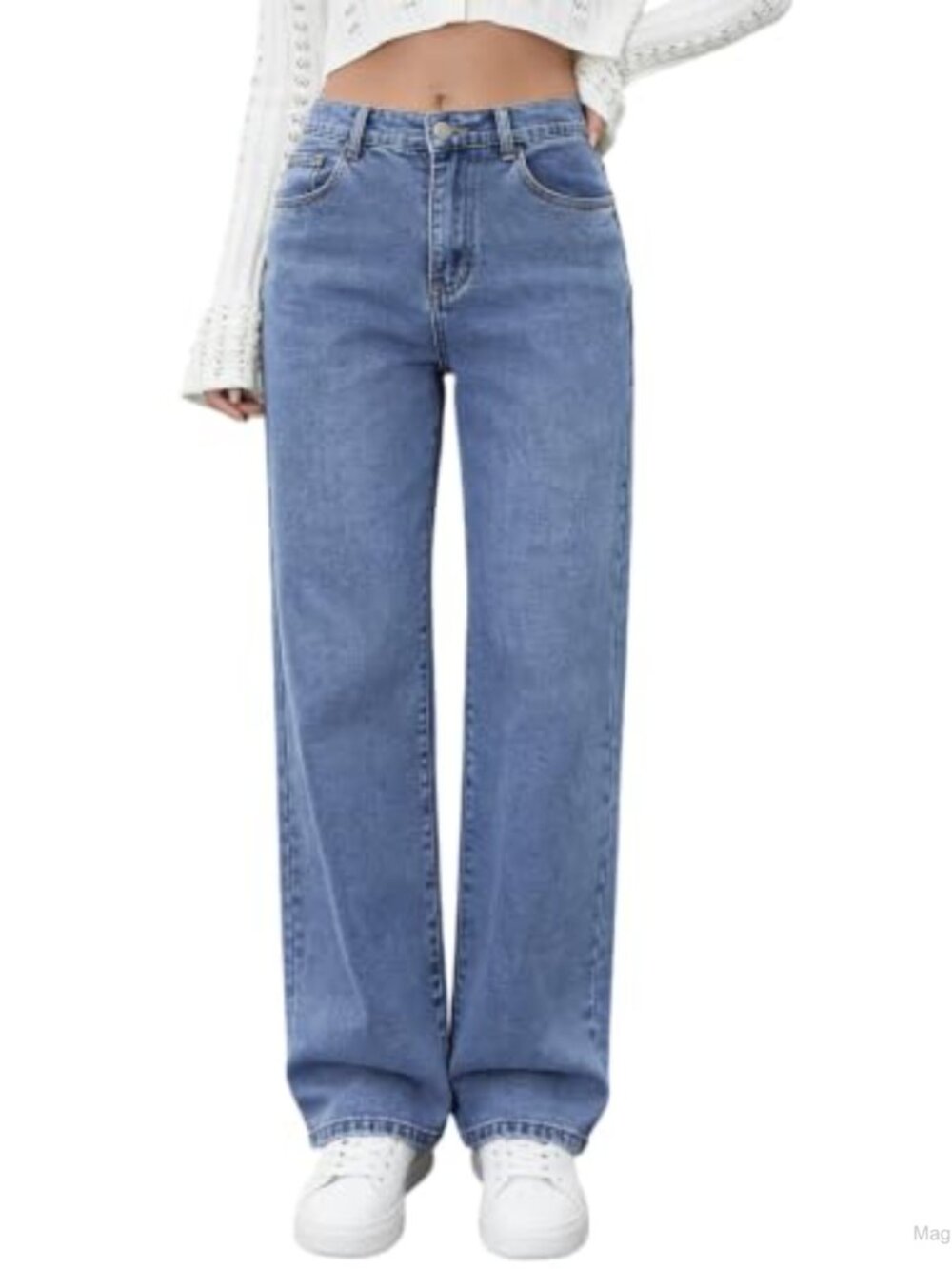 High Waisted Stretchy Straight Leg Jeans - Elastic Waistband Vintage Wash Denim